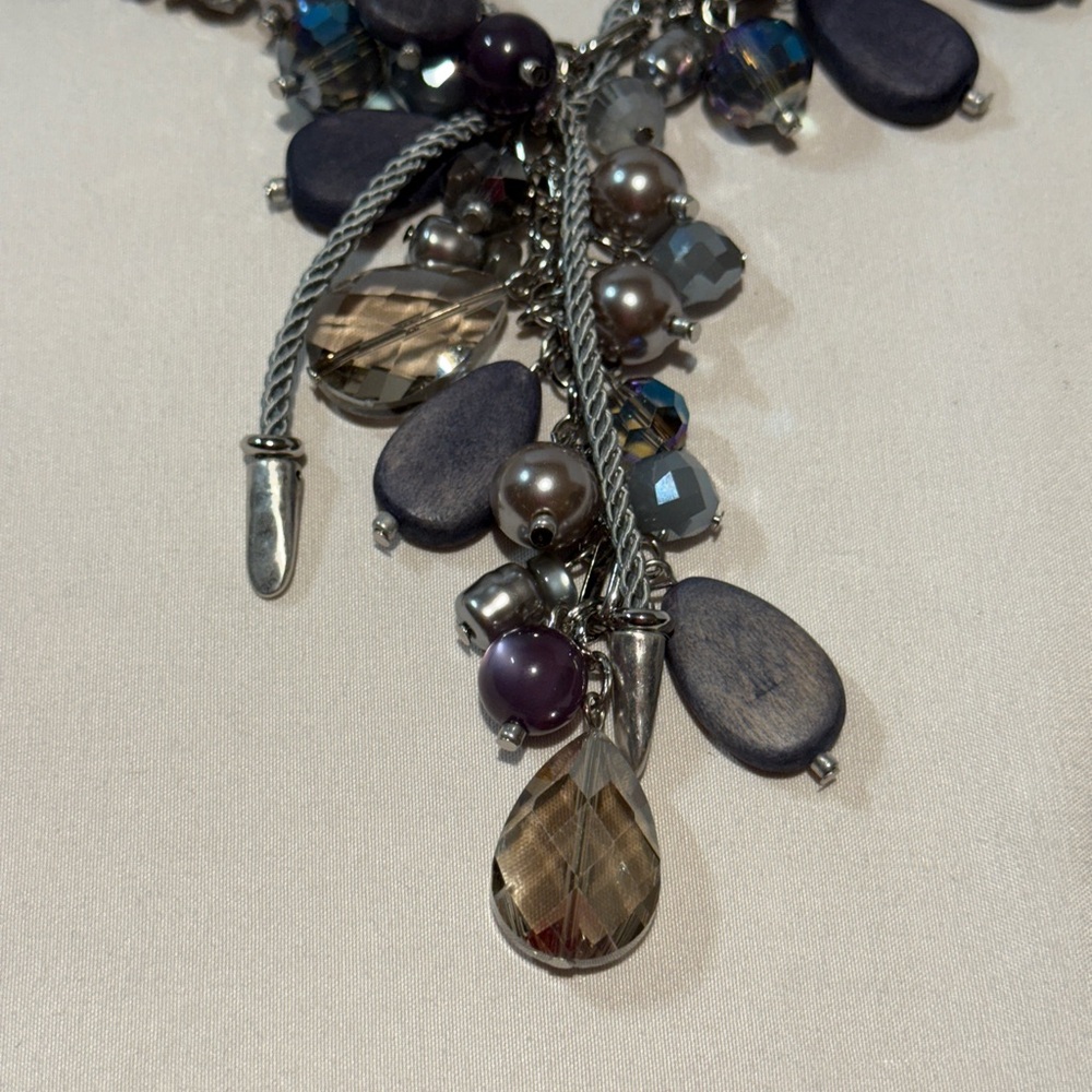 Chico's Blue & Grey Beaded Cluster Necklace with Silver accents. 12” - Picture 4 of 7